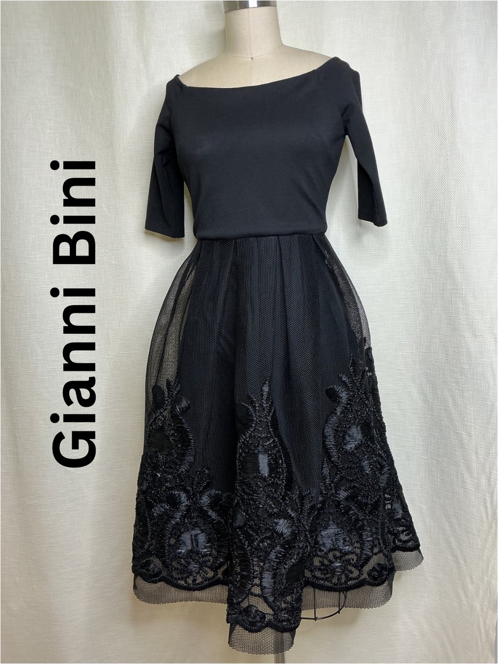 Gianni Bini Black Embroidered Tulle Fit-and-Flare Dress